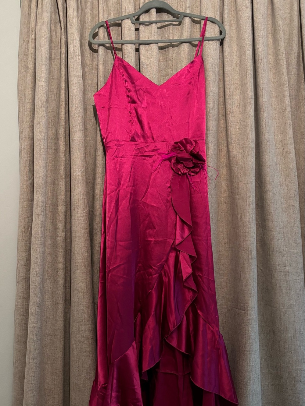 Fuchsia Satin Spaghetti-Strap Prom Dress with Floral Waist Detail